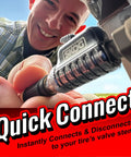 Quick Connect Tire Valve Chuck With RatchetSeal Technology in use for vehicle tire inflation.