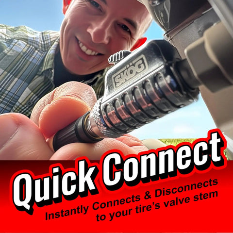 Quick Connect Tire Valve Chuck With RatchetSeal Technology in use for vehicle tire inflation.