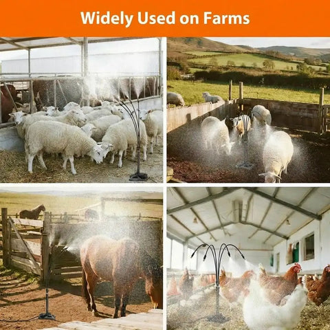Outdoor Standing Mister For Patio Cooling, 26.2 Ft Portable Misting Station with ultra fine mist cooling sheep, chickens, and horses on a farm.