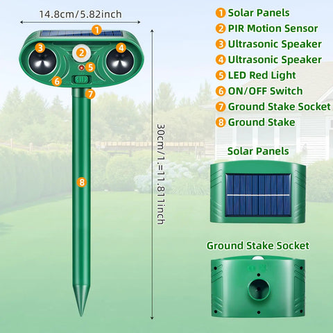 Solar Powered Yard Animal Deterrent With Motion Sensor Ultrasonic Cat Fox Raccoon Rabbit Squirrel Coyote Repeller Waterproof Outdoor Pest Guard For Garden Lawn Farm 2 Pack, 30cm stake