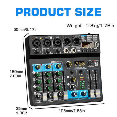 Five Channel DJ Mixer With 256 DSP Effects And USB Bluetooth MP3 Playback, 48V Phantom Power, size dimensions displayed.