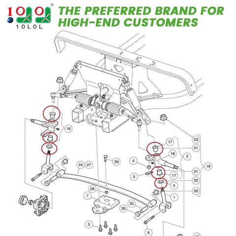 Golf Cart Spindle Flanged Bronze Bushing Kit for Club Car Precedent 2004 Up Eliminate Front End Play For A Smooth No Wobble Ride Level Out The Ride Reduce Front End Sag King Pin Steering Knuckle Bushings 4 Pack OEM 102288201 102288401 diagram with highlighted bushings