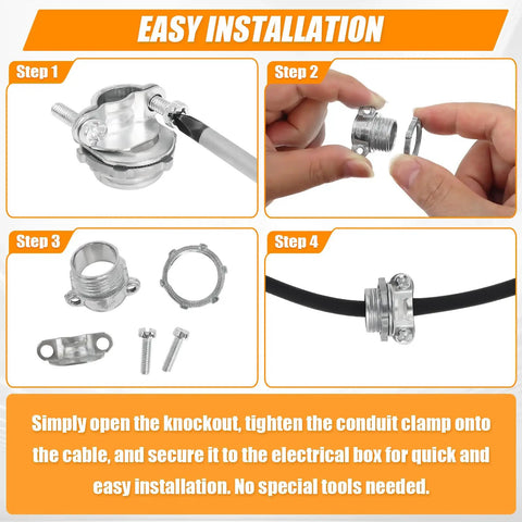 Step-by-step installation guide for Thirty Six Pack 1/2 Inch Clamp Type Cable Connectors For Romex And Electrical Wire Zinc Alloy Heavy Duty Wire Clamps.