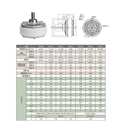 Diagram and specifications for 24V Magnetic Powder Brake for CNC machines and printing presses, single shaft, smooth start-stop features.