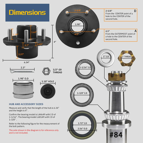 Two Pack Heavy Duty Trailer Hub Kit For 3500 Lb Trailers, 5 Lug 4.5 Inch Bolt Pattern, Fits 1-1/16 To 1-3/8 Inch Spindle 84 Tapered details