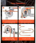Steps to use 3 In 1 Tube Bender For Copper And Aluminum Pipes showing pipe insertion, handle holding, bending, and completed bends.