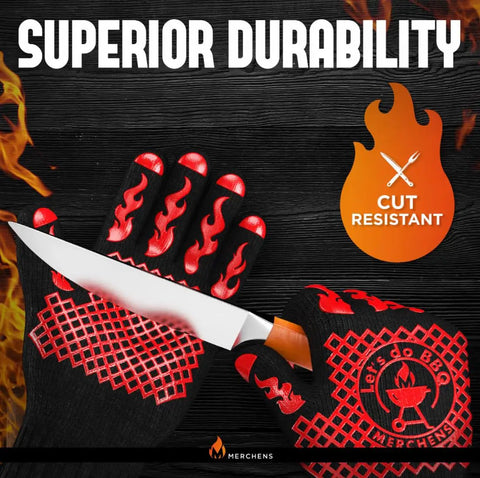 Ultimate BBQ Grill And Oven Gloves Heat Resistant To 1472F with knife showing cut resistance and flame design