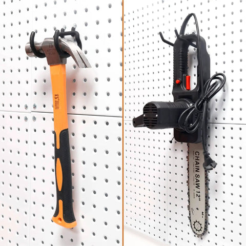 Hammer and chainsaw on 8 Piece Pegboard Drill Holder And Utility Hooks Set Heavy Duty Vinyl Coated Tool Organizer For Pegboards