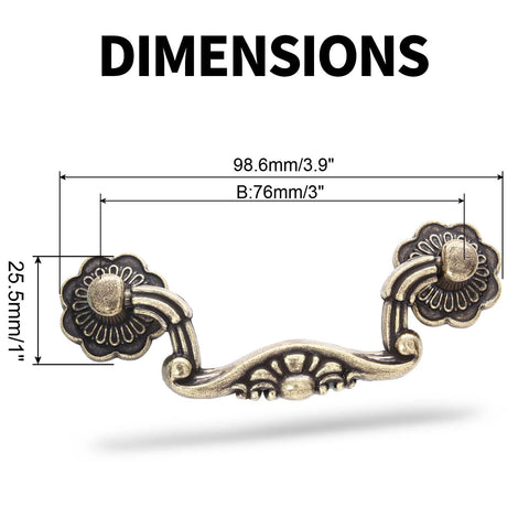 Antique Bronze Drop Drawer Pulls Set Of 4 With 3-Inch Hole Spacing Drop Bail Cabinet Handles showing dimensions, zinc alloy