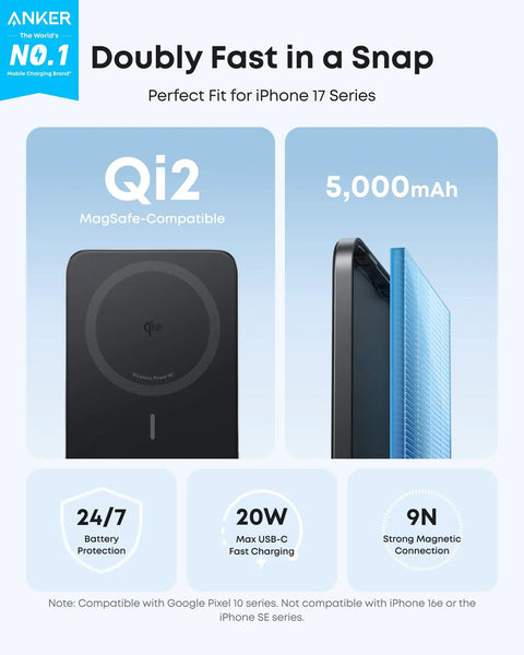 Slick Ultra Slim Magnetic Power Bank Featuring 5000mAh Capacity against a light background showcasing Qi2 and USB-C features.
