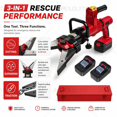 Cordless Hydraulic Shear and Spreader Tool Behemoth for Heavy Duty Metal Cutting and Expansion, battery powered, includes two batteries and storage box.