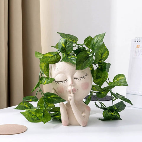 Two Piece Girl Head Planter Molds For Pots Made From Concrete And Silicone Face Portrait Sculpture Planter with plant indoors