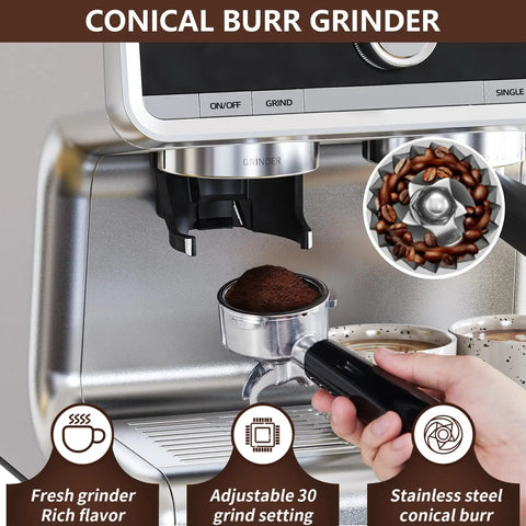 Heavy Hitter Espresso Machine With Built In Burr Grinder And Swift Milk Frother, 95 Oz Big Tank, 3 In 1 No Fuss Coffee Maker For Cappuccino Latte Top Shelf Silver showcasing conical burr grinder and ground coffee.