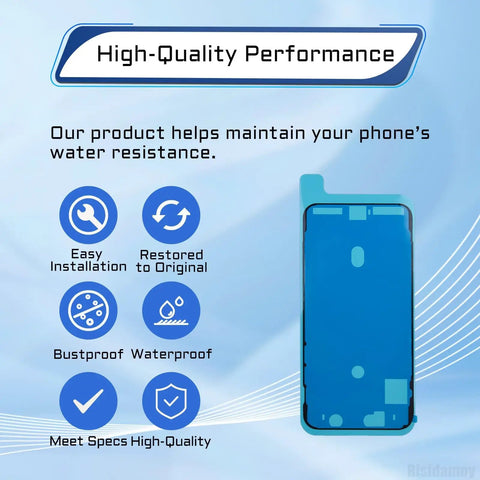 Image of 5 Pack Waterproof Adhesive Stickers Kit For iPhone 15 Pro Max 6.7 Inch Pre Cut Watertight Screen Frame Seal Tape For Internal Repair And Keep It Watertight, showing blue pre-cut seal and features like water resistance.