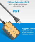 Beefy Heavy Duty 6 Outlet Power Strip With 25Ft Extension Cord, 14/3 Gauge SJT W, 15A Circuit Breaker, close-up view