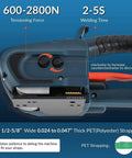 Close-up of Automatic Hot Melt Electric Strapping Machine With Dual Power Batteries showing tension settings and strapping dimensions.