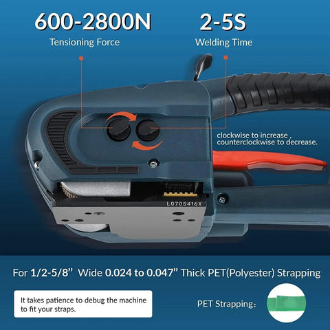 Close-up of Automatic Hot Melt Electric Strapping Machine With Dual Power Batteries showing tension settings and strapping dimensions.