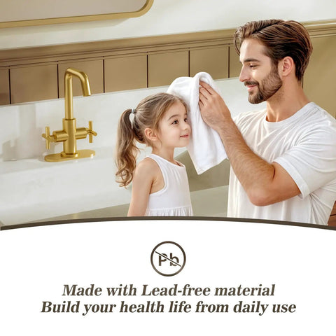 Father and child in modern bathroom with Brushed Gold 2-Handle 4 Inch Centerset Bathroom Faucet With Drain Deck Plate