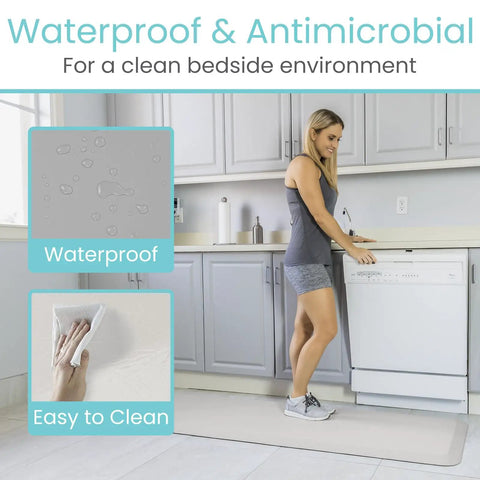 Woman using 72 By 24 Inch Bedside Fall Safety Mat For Elderly And Disabled in kitchen, showing waterproof and easy-to-clean features.