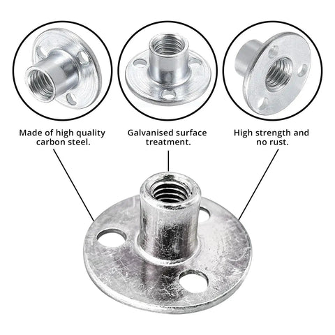 Pack Of 10 M6 Brad Hole Tee Nuts Built Tough With Zinc Coated Carbon Steel And A Flat Round Base Offering Serious Grip For Screw In Furniture Hardware And Big Time Home Repair Projects That Pull Through, showing galvanized finish and threaded design.