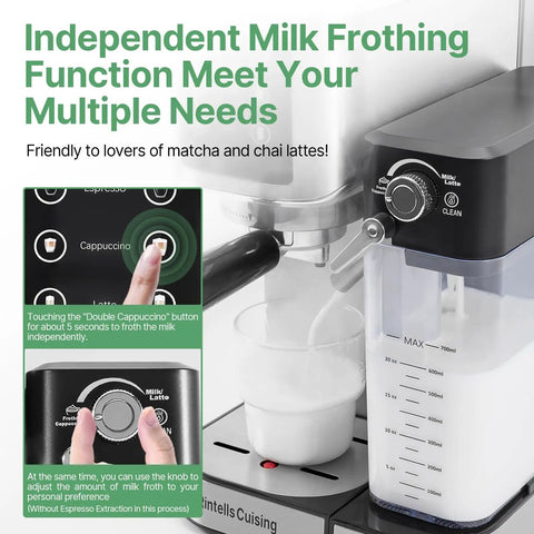 Semi Automatic Espresso Machine With Colorful Touchscreen And Sleek Stainless Steel Body showing milk frothing function and control settings.