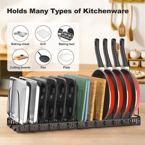 Expandable Cutting Board And Bakeware Organizer Rack With 14 Adjustable Dividers holding pans, sheets, and cutting boards.