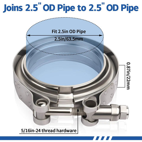 Stainless Steel Two And A Half Inch V Band Exhaust Clamps Dual Pack with fitting dimensions for turbo downpipe and exhaust