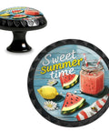 4 Pack Sweet Summer Time Round Acrylic Cabinet Knobs With Lemon Watermelon Bee Design, decorative drawer pulls, close-up view