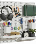 Boss Level Peg Board Wall Organizer With Expanding Plastic Panels For Home Office Storage Craft Room Vibes And Gaming Setup White 22x22 Inches displaying headphones, markers, scissors, and a plant.