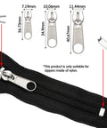 Ultimate Zipper Repair Kit With 85 Pcs Replacement Sliders Stops And Install Plier For Luggage Jackets Coats And Jeans Black And Silver Easy To Use No Fuss Quick Fix With Instruction Manual Included showing sliders, stops, and measurements for nylon zippers.