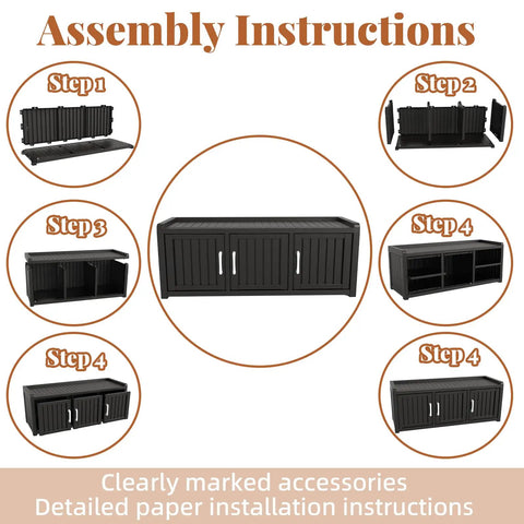 Assembly instructions for waterproof resin shoe bench with adjustable shelves, 3-door cabinet, rustic industrial style.