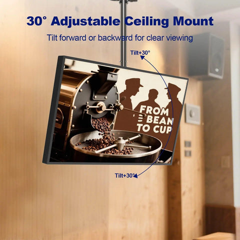 Smooth Operator Commercial Digital Signage Display With Killer 2000 Nits Brightness showcasing 30° adjustable ceiling mount for viewing.