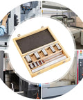 Keyway Broach Kit 18 Piece All In One Set For Pro Grade Metalworking HSS CNC Broaching Tools in wooden case, shown with machinery.