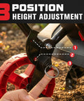 3-position height adjustment feature of powerful 16-inch corded electric tiller cultivator with 13.5 amp motor and foldable wheels