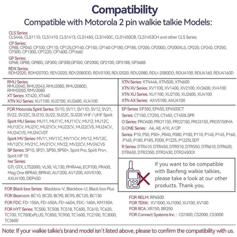 Compatibility chart for various Motorola 2-pin radio models for Throat Mic Tactical Headset With Air Tube Earpiece For Clear Audio In High Noise Environments