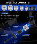 Orion Motor Tech exhaust pipe expander kit, front view showing bolt, bearing set, carbon steel and aluminum collets.