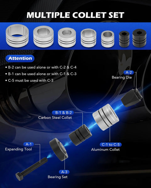 Orion Motor Tech exhaust pipe expander kit, front view showing bolt, bearing set, carbon steel and aluminum collets.