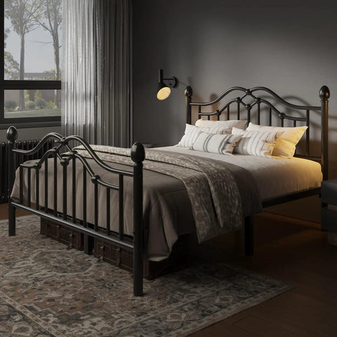 Queen Metal Bed Frame With Classical Headboard And Footboard Matte Black Steel Platform Bed Featuring Ornate Ball Details in a cozy bedroom.