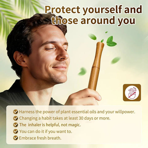 Person enjoying All Natural Herbal Inhaler With Premium Walnut Wood For Clear Breathing And Fresh Breath, surrounded by leaves.