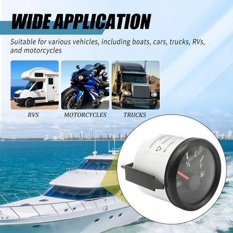52mm Boat Fuel Level Gauge 9 To 32V DC Marine Gas Tank Meter With 73-10 Ohm Sensor, clear night light display shown by ocean