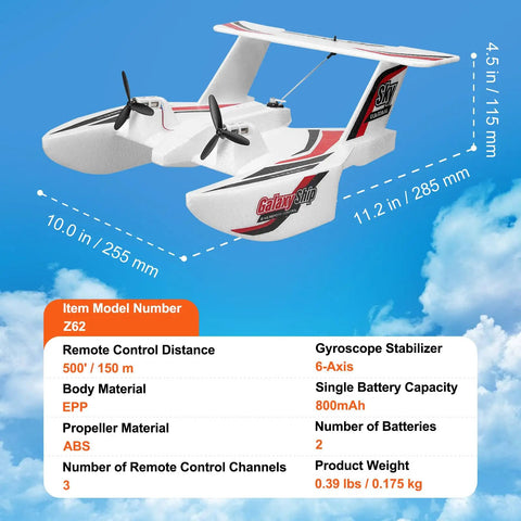 2.4GHz 3Ch RC Airplane Amphibious Ready To Fly With 6 Axis Gyro Stabilizer And Dual Batteries in flight with specs overlay
