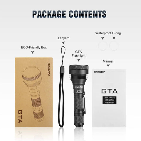 Pocket Thrower GTA LED Flashlight package with 1919 ft beam flashlight, box, lanyard, O-rings, and manual on white background.