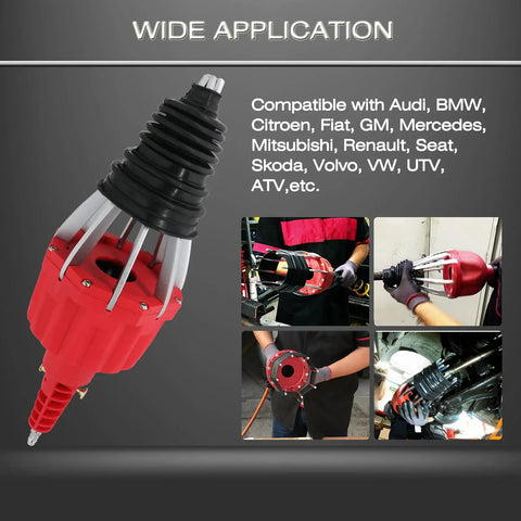 No Brainer Pneumatic CV Joint Boot Installation Tool Kit with Master Grip Claws, shown in multiple use scenarios