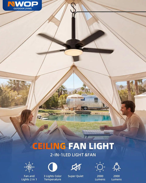 NWOP 20 Inch Outdoor Ceiling Fan with Light, 5 Blade Remote Patio Fan hanging in a tent with two people enjoying drinks.
