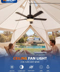 NWOP 20 Inch Outdoor Ceiling Fan with Light, 5 Blade Remote Fan hanging in a tent, providing airflow and light for outdoor relaxation.