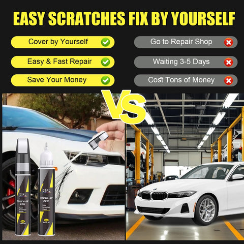 BMW Alpine White 300 Exact Color Match Touch Up Paint Kit beside scratched car and BMW in garage comparison