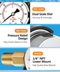 Stainless Steel Pool Filter Pressure Gauge With Two Inch Dial 0 To 60 PSI Bottom Mount One Quarter Inch NPT IP67 Waterproof Anti Corrosion For Pool Pump Spa And Aquarium Filter Clean Filter Indicator, dual scale dial