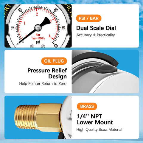 Stainless Steel Pool Filter Pressure Gauge With Two Inch Dial 0 To 60 PSI Bottom Mount One Quarter Inch NPT IP67 Waterproof Anti Corrosion For Pool Pump Spa And Aquarium Filter Clean Filter Indicator, dual scale dial