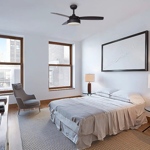 42 Inch Modern Indoor Ceiling Fan With Dimmable Light Kit And Remote Control, Reversible Blades, ETL Listed in a bedroom