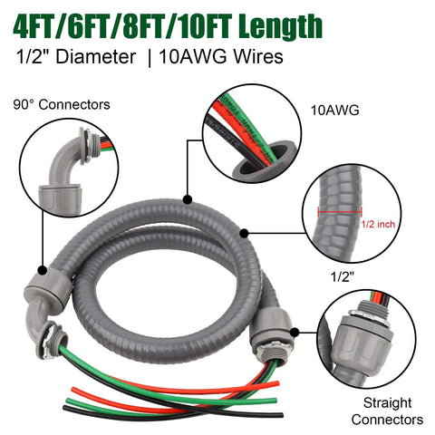 4 Foot Liquid Tight Conduit Kit With 1/2 Inch Pre-Wired Electrical Whip Three 10 AWG THHN Copper Wires Bare Wire Ends 90 Degree Angle